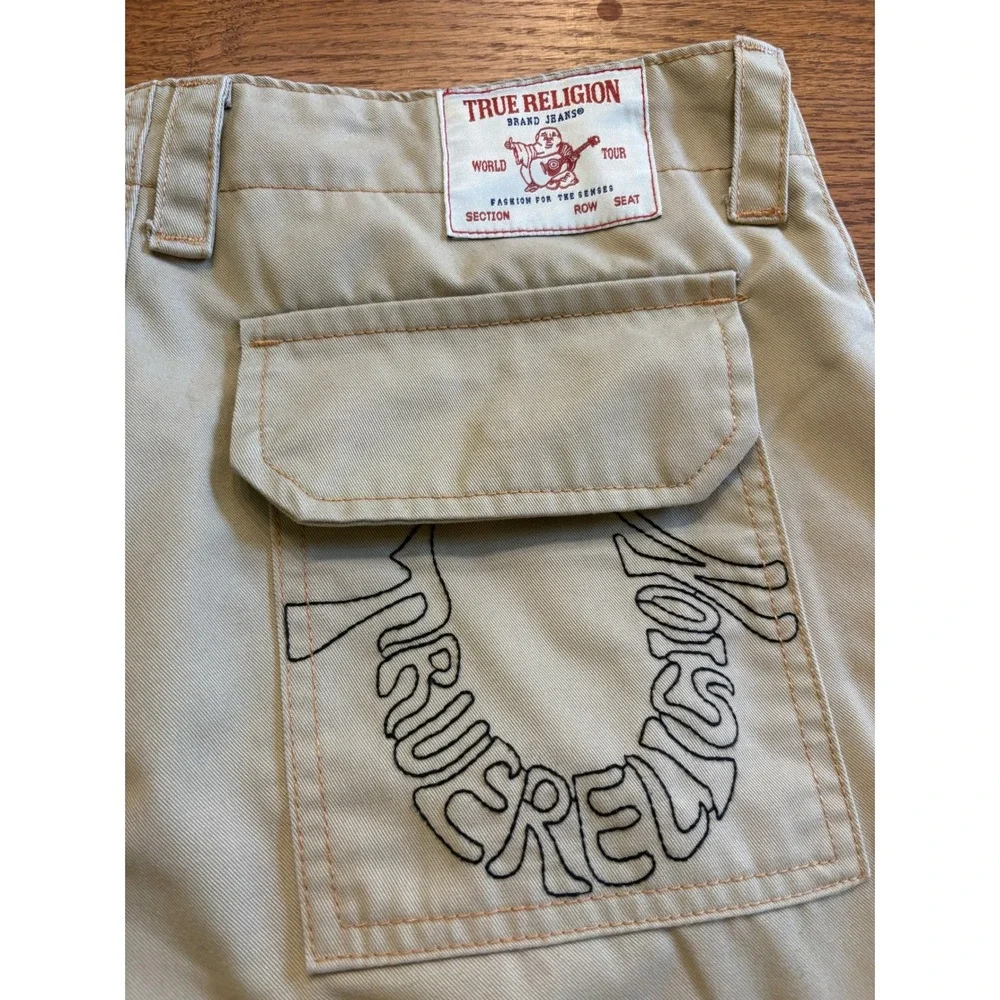 True Religion Mens Khaki Cargo Pants Tan Wide Leg Y2K Horseshoe Logo Size 28